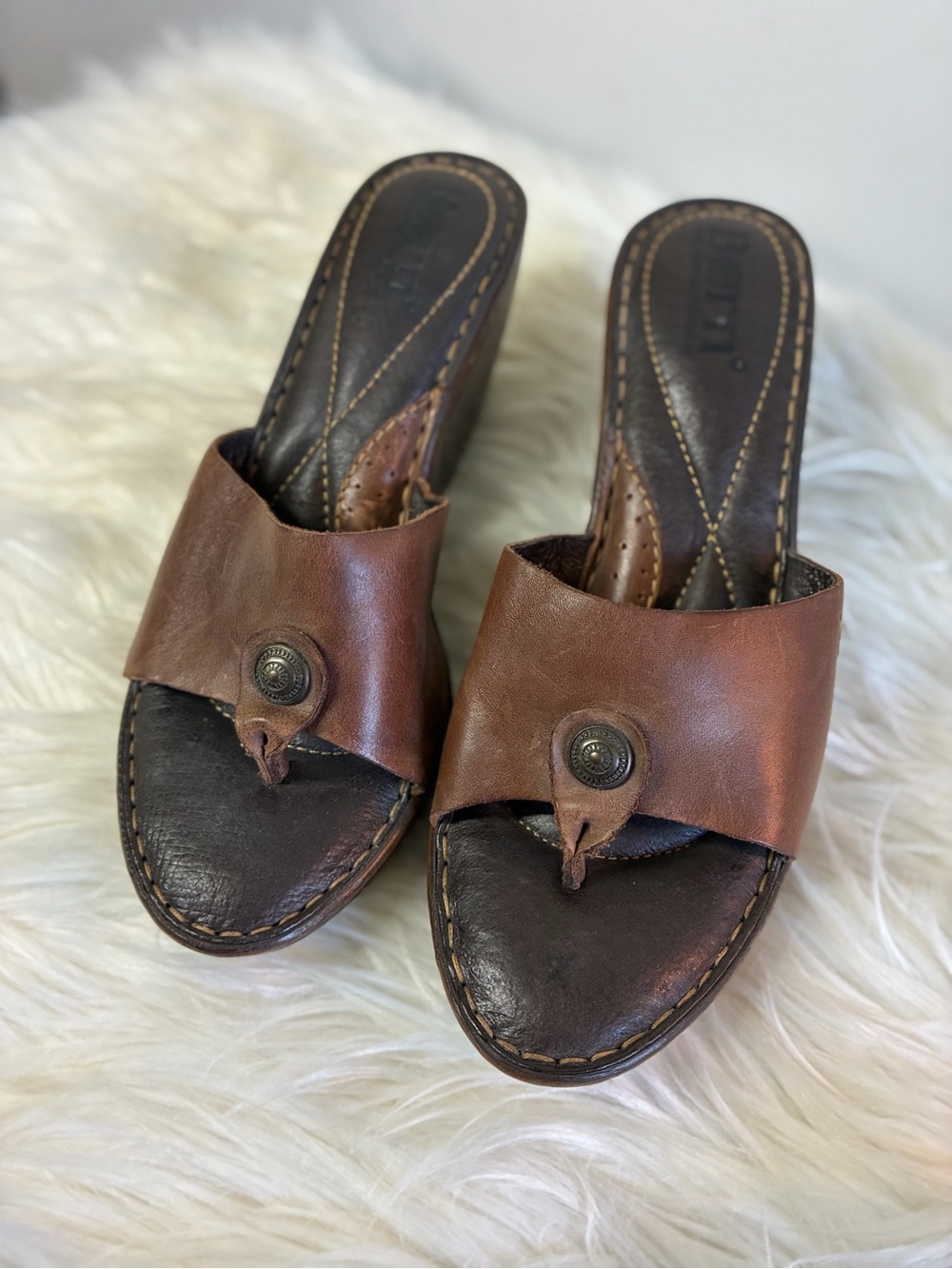 boc Brown Leather Slide Mules with Button Accent